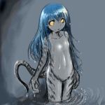  1girl blue_hair female grey_skin monster_girl nude original partially_submerged seirei_(mimi_toka) smile solo tail water wet yellow_eyes 
