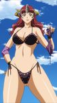  1girl bikini black_bikini breasts claudette_(queen&#039;s_blade) green_eyes large_breasts navel queen&#039;s_blade red_hair sky smile solo 