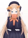  abigail_williams_(fate/grand_order) bangs black_bow black_dress black_hat blonde_hair blue_eyes blush bow commentary_request covered_mouth dress fate/grand_order fate_(series) forehead hair_bow hat heart highres holding holding_stuffed_animal long_hair long_sleeves looking_at_viewer mentai_mayo orange_bow parted_bangs polka_dot polka_dot_bow simple_background sleeves_past_fingers sleeves_past_wrists solo stuffed_animal stuffed_toy teddy_bear very_long_hair white_background 