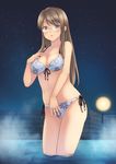  akemiho_tabi_nikki breasts brown_eyes brown_hair cowboy_shot floral_print glasses highres kouno_hikaru long_hair looking_at_viewer medium_breasts night onsen oribe_shiori original solo standing steam swimsuit 