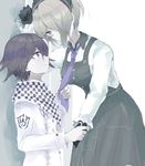  1boy 1girl bangs black_dress black_gloves buttons chains checkered_scarf danganronpa dress duo frills gloves green_eyes grey_hair hair_over_one_eye headdress maid maid_headdress matching_hair/eyes necktie new_danganronpa_v3 ouma_kokichi pants purple_eyes purple_hair scarf shirt short_hair side_bangs smile souda_ishi straitjacket tie toujou_kirumi white_shirt 