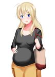  :d ahoge bag bangs black_shirt blonde_hair blue_eyes breasts brown_pants collarbone commentary_request cowboy_shot eyebrows_visible_through_hair gastropher hair_between_eyes highres holding_strap jewelry long_hair long_sleeves looking_at_viewer medium_breasts new_game! open_mouth pants pregnant ring shirt shoulder_bag simple_background smile solo standing wedding_ring white_background yagami_kou 