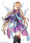  angel_wings blonde_hair blue_eyes cape copyright_name interitio long_hair official_art outstretched_arms sid_story skirt smile solo spread_arms thighhighs wings 