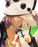  bangs beltbra breasts buckle cape cleavage clover colored_eyelashes dark_skin eyebrows_visible_through_hair eyes_visible_through_hair fingernails guilty_gear guilty_gear_xrd hair_between_eyes hat jerun large_breasts looking_at_viewer medium_hair open_mouth orange_eyes peaked_cap platinum_blonde_hair ramlethal_valentine sharp_teeth shiny shiny_hair simple_background solo spread_lips teeth upper_body white_background white_hat 