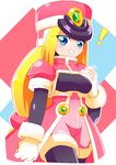  ! 1girl android black_legwear blonde_hair blue_eyes blush bodystocking bodysuit breasts cap capcom coat gloves hair_ornament hat long_hair medium_breasts pink_hat prairie rockman rockman_zx saitokun-exe shako_cap smile solo white_gloves 