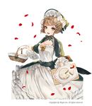 :d bad_id bad_pixiv_id basket bonnet braid breasts brown_hair center_frills cheese_wheel cleavage cutting_board dress frilled_sleeves frills gloves laurelfalcon looking_at_viewer medium_breasts official_art open_mouth petals short_hair sid_story smile standing watermark white_dress white_gloves 