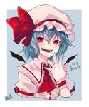  absurdres ascot bat_wings blue_hair bow commentary_request eyebrows_visible_through_hair fangs hat hat_bow highres kneesocks_senritsu looking_at_viewer mob_cap puffy_short_sleeves puffy_sleeves red_bow red_eyes red_neckwear remilia_scarlet short_hair short_sleeves slit_pupils solo touhou translation_request upper_body wings wrist_cuffs 
