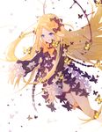  abigail_williams_(fate/grand_order) bangs black_bow black_dress black_panties blonde_hair blue_eyes bow bug butterfly commentary_request dissolving_clothes dress fate/grand_order fate_(series) forehead hair_bow highres insect key long_hair long_sleeves miyuki_(miyuki0529) navel no_hat no_headwear orange_bow outstretched_arms panties parted_bangs parted_lips polka_dot polka_dot_bow sleeves_past_wrists solo underwear very_long_hair white_background 