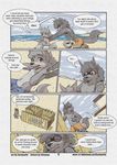  alex_(harmarist) beach brothers brown_eyes canine clothing cloud comic cub cute_fangs dialogue duo english_text eyes_closed eyewear freckles fur glasses grey_fur grey_hair hair harmarist male mammal open_mouth public pushing seaside sheath_and_knife shorts sibling sky text water will_(harmarist) wolf young 