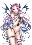  bikini blue_eyes copyright_name demon_girl demon_tail demon_wings hair_ornament interitio looking_at_viewer nail_polish official_art pointy_ears purple_hair sid_story smile solo succubus swimsuit tail thighhighs wings 