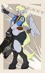  2014 ammo_belt anthro anthrofied blonde_hair boots breasts clothing crossover cutie_mark derpy_hooves_(mlp) equine feathered_wings feathers female fingerless_gloves food footwear friendship_is_magic fuf fur gatling_gun gloves grey_feathers grey_fur gun hair heavy_(team_fortress_2) hi_res machine_gun mammal minigun muffin my_little_pony open_mouth pegasus ranged_weapon shirt shorts solo team_fortress_2 under_boob valve video_games weapon wings yellow_eyes 