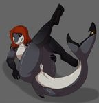  anthro anus anuvia black_sclera blue_eyes breasts butt female fish hair holding_leg lying marine nude on_back presenting presenting_hindquarters pussy reclining red_hair shark sharp_teeth simple_background solo teeth wide_hips 