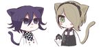  1boy 1girl animal_ears apron bangs black_dress black_gloves buttons cat_ears cat_tail checkered_scarf danganronpa dress duo frills gloves green_eyes grey_hair hair_over_one_eye headdress maid maid_headdress matching_hair/eyes necktie new_danganronpa_v3 ouma_kokichi purple_eyes purple_hair scarf shirt short_hair side_bangs smile straitjacket tail tie toujou_kirumi white_shirt yumekawa 