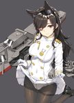  animal_ears atago_(azur_lane) azur_lane bangs black_hair black_legwear blush breasts brown_eyes closed_mouth commentary_request cosplay extra_ears gloves gusset large_breasts long_hair looking_at_viewer machinery military military_uniform miniskirt mole mole_under_eye one_eye_closed panties panties_under_pantyhose pantyhose pleated_skirt ribbon skirt skirt_lift smile solo swept_bangs takao_(azur_lane) takao_(azur_lane)_(cosplay) takayaki thighband_pantyhose turret underwear uniform white_gloves white_panties white_ribbon 