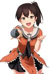  4690_(tkpbsk) black_legwear black_neckwear black_skirt brown_eyes brown_hair cosplay kaga_(kantai_collection) kantai_collection microphone naka_(kantai_collection) naka_(kantai_collection)_(cosplay) open_mouth orange_shirt pleated_skirt sailor_collar school_uniform serafuku shirt side_ponytail simple_background skirt smile solo thighhighs white_background white_sailor_collar wrist_extended 