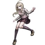  :o ahoge akamatsu_kaede backpack bag bangs beamed_eighth_notes blonde_hair breasts clenched_hand clenched_hands danganronpa eighth_note eyebrows eyebrows_visible_through_hair full_body highres kneehighs knees_together_feet_apart komatsuzaki_rui long_hair long_sleeves looking_at_viewer medium_breasts musical_note musical_note_hair_ornament musical_note_print necktie new_danganronpa_v3 official_art open_mouth parted_bangs pleated_skirt purple_eyes purple_legwear randoseru school_uniform shirt skirt solo staff_(music) sweater_vest swept_bangs teeth transparent_background upper_teeth 