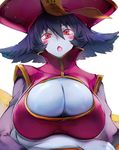  1girl blue_hair blue_skin blush_stickers breasts chinese_clothes cleavage cleavage_cutout fang flipped_hair hat jiangshi large_breasts lei_lei purple_hair red_eyes short_hair solo vampire_(game) 