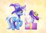  2016 blue_hair bow celebi-yoshi christmas cute cutie_mark equine eyelashes female friendship_is_magic gift hair hat holidays horn magic mammal multicolored_hair my_little_pony purple_eyes ribbons simple_background smile solo sparkles star text trixie_(mlp) two_tone_hair unicorn yellow_background 