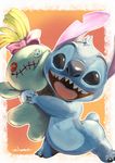  2017 alien black_claws blue_eyes blue_fur blue_nose border button_eyes chest_tuft claws digital_media_(artwork) digital_painting_(artwork) disney experiment_(species) face_squish fur hair_bow hair_ribbon happy head_tuft hug inanimate_object king_gidora lilo_and_stitch looking_at_viewer notched_ear open_mouth open_smile ragdoll ribbons scrump sharp_teeth signature simple_background small_tail smile stitch teeth tuft white_border 