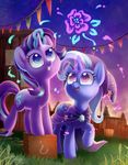  2016 ? blue_eyes blue_hair cape celebi-yoshi clothing crate cute cutie_mark duo equine eyelashes female friendship_is_magic grass hair hat horn looking_up magic mammal multicolored_hair my_little_pony open_mouth outside poster purple_eyes rope smile stage star starlight_glimmer_(mlp) teeth tree trixie_(mlp) two_tone_hair unicorn 