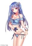  bikini blue_bikini blue_hair copyright_name gauntlets hair_ornament interitio looking_at_viewer official_art pink_eyes sid_story smile snowflakes swimsuit twintails 