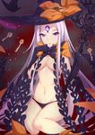  abigail_williams_(fate/grand_order) absurdres antiqq bangs black_bow black_hat black_panties blush bow breasts commentary_request eyebrows_visible_through_hair fate/grand_order fate_(series) glowing hat highres holding holding_key key long_hair looking_at_viewer medium_breasts navel orange_bow oversized_object panties parted_bangs parted_lips purple_eyes revealing_clothes sitting solo topless underwear underwear_only very_long_hair witch_hat 