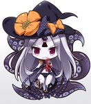  :d abigail_williams_(fate/grand_order) black_bikini_bottom chibi commentary_request fate/grand_order fate_(series) gradient gradient_background hat holding long_hair looking_at_viewer open_mouth purple_eyes shachoo. silver_hair simple_background smile smirk solo stuffed_toy tentacles v-shaped_eyebrows white_skin witch_hat 