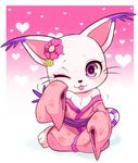  &lt;3 &lt;3_eyes abstract_background accessory blep blush breasts clothing cute digimon feline female flat_chested flower gatomon hairpin hi_res humanoid japanese_clothing kimono long_tail looking_at_viewer mammal one_eye_closed partially_exposed_breasts plant purple_eyes seductive simple_background small_breasts smile solo tongue tongue_out tory wink 