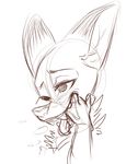  black_and_white bloominrose blush bust_portrait canine chest_tuft disembodied_head disney fox hand_in_mouth hand_on_mouth looking_pleasured mammal monochrome nick_wilde portrait simple_background solo tongue tongue_out traditional_media_(artwork) tuft white_background zootopia 