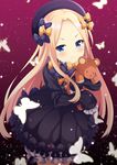  :t abigail_williams_(fate/grand_order) bangs black_bow black_dress black_hat blonde_hair bloomers blue_eyes blush bow bug butterfly closed_mouth commentary_request dress fate/grand_order fate_(series) forehead hair_bow hat insect long_hair long_sleeves looking_at_viewer maccha object_hug orange_bow parted_bangs polka_dot polka_dot_bow pout purple_background sleeves_past_wrists solo stuffed_animal stuffed_toy teddy_bear underwear v-shaped_eyebrows very_long_hair white_bloomers 