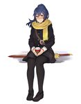  blush coat coffee contemporary falchion_(fire_emblem) fire_emblem fire_emblem:_kakusei gloves jacket kamu_(kamuuei) long_hair looking_at_viewer lucina pantyhose ponytail scarf skirt smile solo sword weapon winter_clothes winter_coat 