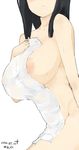  areolae black_hair blush breasts closed_mouth covering dated head_out_of_frame large_areolae large_breasts long_hair nipples nude nude_cover original pen_(pen3) see-through signature sitting solo towel wet wet_towel white_background 