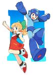  1girl android arm_cannon blonde_hair dress full_body green_eyes green_ribbon helmet highres kin_niku looking_at_viewer open_mouth ponytail red_dress ribbon robot rockman rockman_(character) rockman_(classic) rockman_11 roll smile weapon 