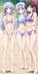  3girls bangs beach bikini black_hair blush breasts else_shileska green_eyes highres isekai_wa_smartphone_to_tomo_ni. kokonoe_yae large_breasts linse_shileska long_hair multiple_girls navel sand screencap small_breasts smile stitched striped_bikini 