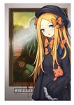  abigail_williams_(fate/grand_order) absurdres aqua_eyes bangs black_bow black_dress black_hat blonde_hair blood blood_on_wall bloody_hands border bow commentary_request cowboy_shot cthulhu cthulhu_mythos dress eyebrows_visible_through_hair fate/grand_order fate_(series) fine_art_parody forehead frilled_sleeves frills grey_background hair_bow hat head_tilt highres holding holding_stuffed_animal long_hair long_sleeves looking_at_viewer mona_lisa orange_bow painting_(object) parody parted_bangs parted_lips shiny shiny_hair sleeves_past_fingers sleeves_past_wrists solo striped stuffed_animal stuffed_cat stuffed_toy translation_request vertical-striped_dress vertical_stripes white_border yao_ren_gui 