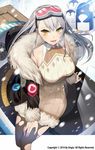  :d animal arm_support bangs bird breasts brown_legwear carchet clothed_animal coat cropped_legs earmuffs eyebrows_visible_through_hair from_above fur_trim goggles goggles_on_head hair_between_eyes highres large_breasts long_hair long_sleeves looking_at_viewer looking_up off_shoulder official_art open_mouth outdoors pantyhose penguin ribbed_sweater sid_story silver_hair sitting smile snow sweater sweater_vest torn_clothes torn_legwear yellow_eyes 