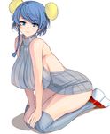  backless_outfit bangs bare_arms bare_shoulders blue_eyes blue_hair braid breasts bun_cover closed_mouth covered_nipples eyebrows_visible_through_hair full_body geta grey_legwear grey_sweater highres large_breasts looking_at_viewer masao meme_attire open-chest_sweater original over-kneehighs seiza shiny shiny_skin short_hair side_braid sideboob simple_background sitting sleeveless sleeveless_turtleneck smile solo sweater swept_bangs thighhighs thighs turtleneck turtleneck_sweater virgin_killer_sweater white_background white_footwear 