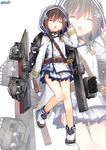  alternate_hair_color belt brown_hair cannon closed_eyes fan flower hair_flower hair_ornament holding holding_fan hood jacket jiang-ge long_sleeves machinery miniskirt open_mouth shigure_(zhan_jian_shao_nyu) skirt solo torpedo torpedo_tubes turret white_footwear white_jacket white_skirt zhan_jian_shao_nyu 