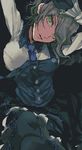  1girl bangs black_dress black_gloves buttons danganronpa dress frills gloves green_eyes grey_hair hair_over_one_eye headdress maid maid_headdress necktie new_danganronpa_v3 pantyhose shirt short_hair side_bangs solo tie toujou_kirumi 