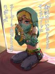  alternate_costume arabian_clothes armlet banana bare_shoulders barefoot blonde_hair blue_eyes blush circlet commentary_request crossdressing detached_sleeves feet food fruit gerudo gerudo_link harem_pants highres jewelry link looking_at_viewer male_focus midriff misonou_hirokichi navel otoko_no_ko pants pointy_ears saliva short_hair solo stomach the_legend_of_zelda the_legend_of_zelda:_breath_of_the_wild veil 