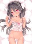  :o bangs bare_shoulders bed_sheet black_hair blush breasts camisole collarbone cowboy_shot dark_skin eyebrows_visible_through_hair groin hair_between_eyes hair_ribbon hands_up head_tilt heavy_breathing kurasuke long_hair looking_at_viewer lowleg lowleg_panties lying navel nipples nose_blush on_back original panties parted_lips pink_eyes pussy_peek ribbon small_breasts solo strap_slip sweat two_side_up underwear very_long_hair white_camisole white_panties white_ribbon 