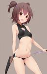  :d akagi_miria arm_behind_back ass_visible_through_thighs bare_arms bare_shoulders black_panties blush breasts brown_background brown_eyes brown_hair cosplay covered_nipples cowboy_shot crop_top dagger fate/apocrypha fate_(series) hair_bobbles hair_ornament holding holding_weapon idolmaster idolmaster_cinderella_girls jack_the_ripper_(fate/apocrypha) jack_the_ripper_(fate/apocrypha)_(cosplay) looking_at_viewer navel open_mouth panties ratsuku_kinoko short_hair simple_background sleeveless small_breasts smile solo standing stomach tareme thighs two_side_up underwear weapon 