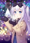  blue_eyes blurry blurry_background bow christmas coat hair_bow long_hair mittens one_side_up original outdoors silver_hair solo upper_body yatsuki_yura 