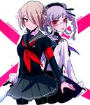  2girls bangs black_dress black_gloves braid buttons danganronpa dress duo frills gloves green_eyes grey_hair hair_over_one_eye headdress huyandere maid maid_headdress multiple_girls new_danganronpa_v3 pekoyama_peko red_eyes shirt short_hair side_bangs skirt super_danganronpa_2 tied_hair toujou_kirumi twintails 