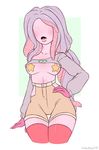  2015 animal_humanoid bebecake breasts cephalopod clothed clothing exposed_breasts eyeless female hair hand_on_hip humanoid legwear marine octopus pasties pink_skin portrait purple_hair shorts simple_background solo stockings tentacle_hair tentacles three-quarter_portrait white_background 