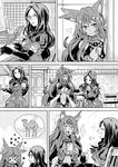  breasts camel cleavage coffee_mug comic commentary cup dark_skin ear_twitch fate/grand_order fate_(series) gem glasses gloves greyscale head_chain jewelry large_breasts leonardo_da_vinci_(fate/grand_order) long_hair monochrome mug multiple_girls navel open_mouth queen_of_sheba_(fate/grand_order) revealing_clothes silent_comic smile unya 