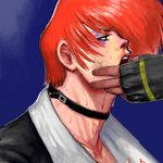  blood bloody_clothes bruise_on_face choker dark_skin dark_skinned_male kusanagi_kyou looking_up male_focus open_mouth out_of_frame profile red_eyes red_hair sweat tanaji_yuu the_king_of_fighters upper_body yagami_iori 