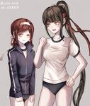  :d black_buruma blue_jacket brown_hair buruma chabashira_tenko cowboy_shot danganronpa floating_hair green_eyes grey_background gym_uniform hair_ribbon hand_on_hip high_ponytail jacket long_hair looking_away mole mole_under_eye multiple_girls new_danganronpa_v3 open_mouth red_headband ribbon shirt short_sleeves simple_background smile standing sweatdrop twitter_username very_long_hair white_headband white_ribbon white_shirt yumeno_himiko z-epto_(chat-noir86) zipper 