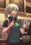  ? apron barista blue_eyes blurry breasts contemporary depth_of_field earrings girls_frontline hair_between_eyes hair_ornament hair_over_shoulder hairclip indoors jewelry lwmmg_(girls_frontline) marker multicolored_hair open_mouth pink_hair rff_(3_percent) short_sleeves silver_hair small_breasts smile solo starbucks sweatdrop twintails two-tone_hair 