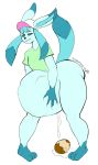  2019 ahegao anthro anthrofied baseball_cap belly big_belly big_butt biting_lip blue_fur bottomless butt canid canine chris_weller clothed clothing eeveelution egg fur girly glaceon hair hat inflation knock_kneed looking_pleasured male mammal nintendo oviposition pok&eacute;mon pok&eacute;mon_(species) shirt simple_background smuttysquid_(artist) solo thick_thighs video_games wide_hips 